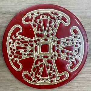 Vintage‎ Pottery Ceramic Trivet Cowes Wood England Fat Lava Boho Eclectic Red